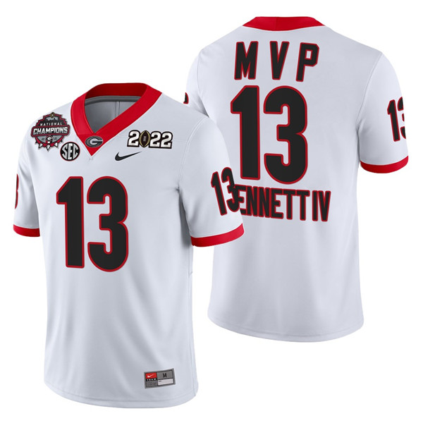 Men’s Georgia Bulldogs #13 Stetson Bennett 2021 22 CFP National Champions MVP White College Football Stitched Jersey