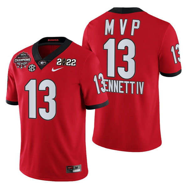 Men’s Georgia Bulldogs #13 Stetson Bennett 2021 22 CFP National Champions MVP Red College Football Stitched Jersey