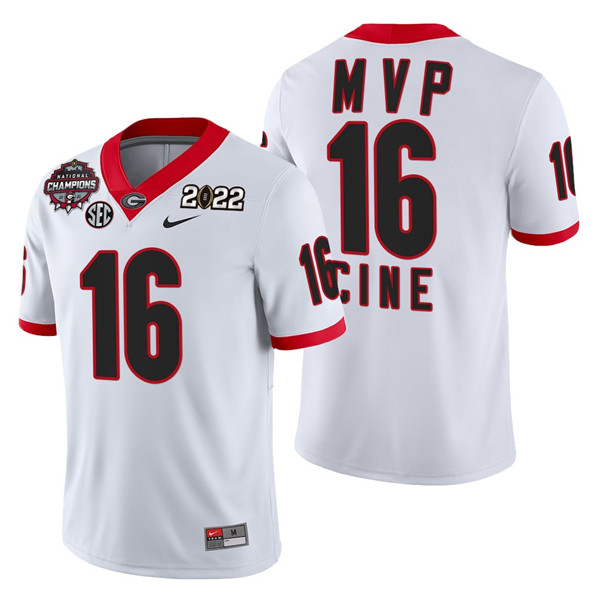 Men’s Georgia Bulldogs #16 Lewis Cine 2021 22 CFP National Champions MVP White College Football Stitched Jersey