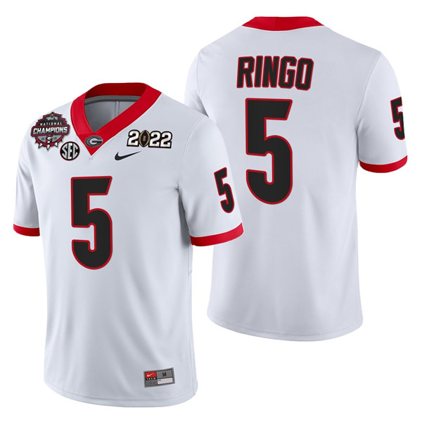 Men’s Georgia Bulldogs #5 Kelee Ringo 2021 22 CFP National Champions White College Football Stitched Jersey