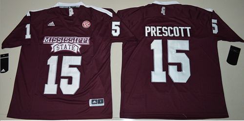 Bulldogs #15 Dak Prescott Maroon SEC Patch Stitched NCAA Jersey