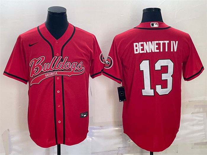 Men's Georgia Bulldogs #13 Stetson Bennett Red With Patch Cool Base Stitched Baseball Jersey