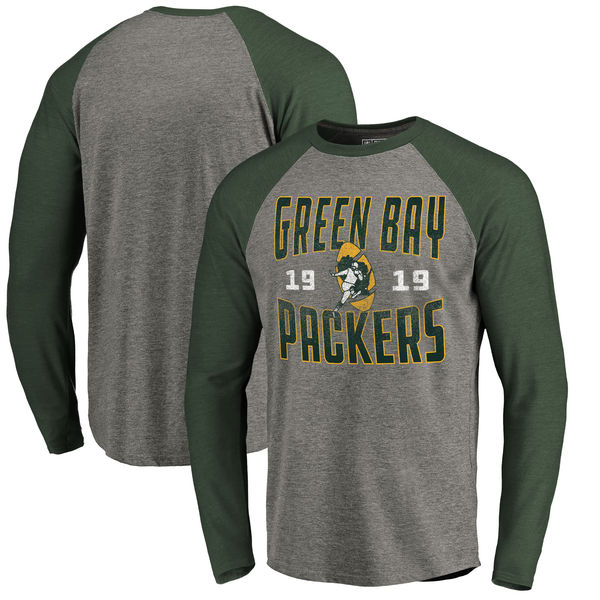 Green Bay Packers NFL Pro Line By Fanatics Branded Timeless Collection Antique Stack Long Sleeve Tri-Blend Raglan T-Shirt Ash