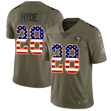 Nike 49ers #28 Carlos Hyde Olive USA Flag Men's Stitched NFL Limited 2017 Salute To Service Jersey