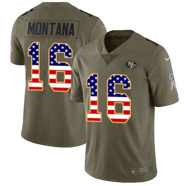 Nike 49ers #16 Joe Montana Olive USA Flag Men's Stitched NFL Limited 2017 Salute To Service Jersey