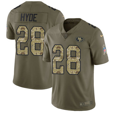 Nike 49ers #28 Carlos Hyde Olive Camo Men's Stitched NFL Limited 2017 Salute To Service Jersey