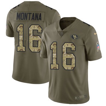 Nike 49ers #16 Joe Montana Olive Camo Men's Stitched NFL Limited 2017 Salute To Service Jersey