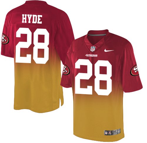 Nike 49ers #28 Carlos Hyde Red Gold Men's Stitched NFL Elite Fadeaway Fashion Jersey