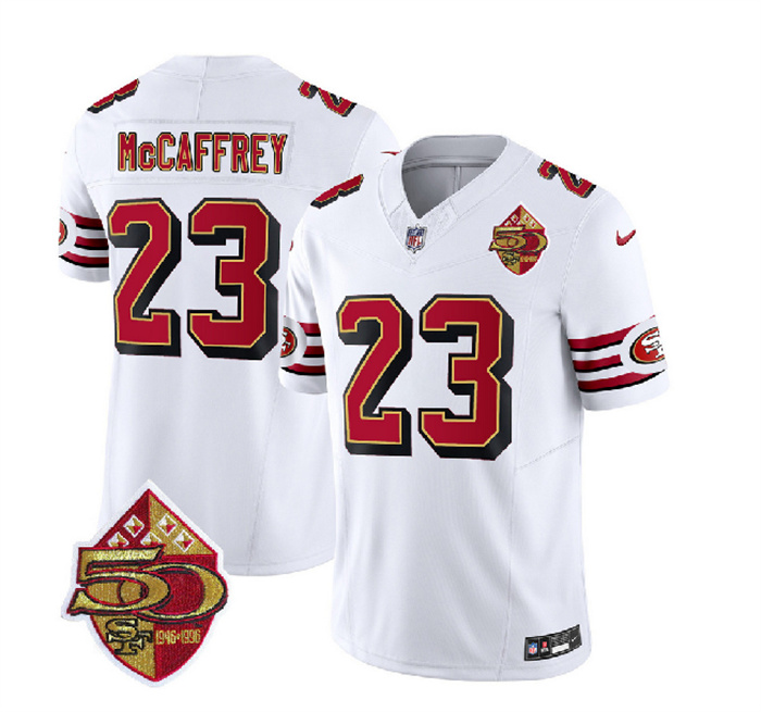 Men's San Francisco 49ers #23 Christian McCaffrey White 2023 F.U.S.E. 50th Patch Vapor Untouchable Limited Stitched Football Jersey