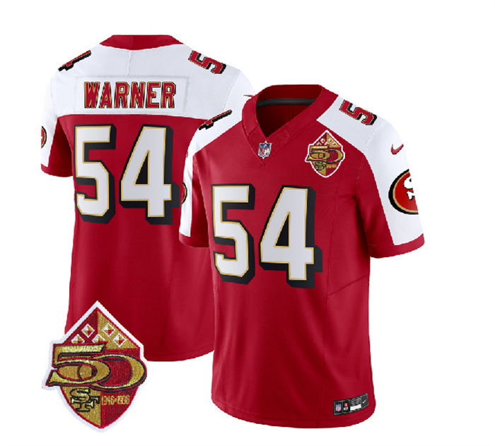 Men's San Francisco 49ers #54 Fred Warner Red White 2023 F.U.S.E. 50th Patch Vapor Limited Stitched Football Jersey