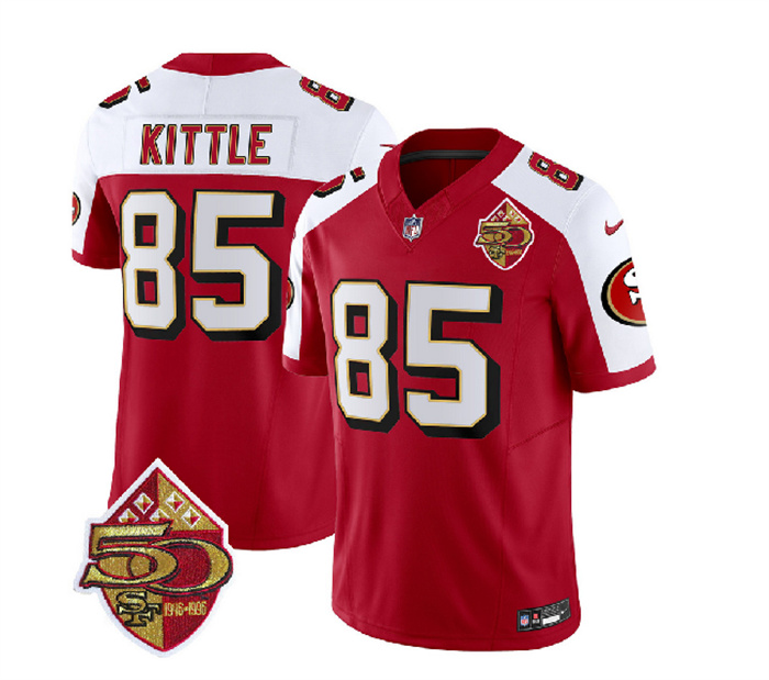 Men's San Francisco 49ers #85 George Kittle Red White 2023 F.U.S.E. 50th Patch Throwback Stitched Football Jersey