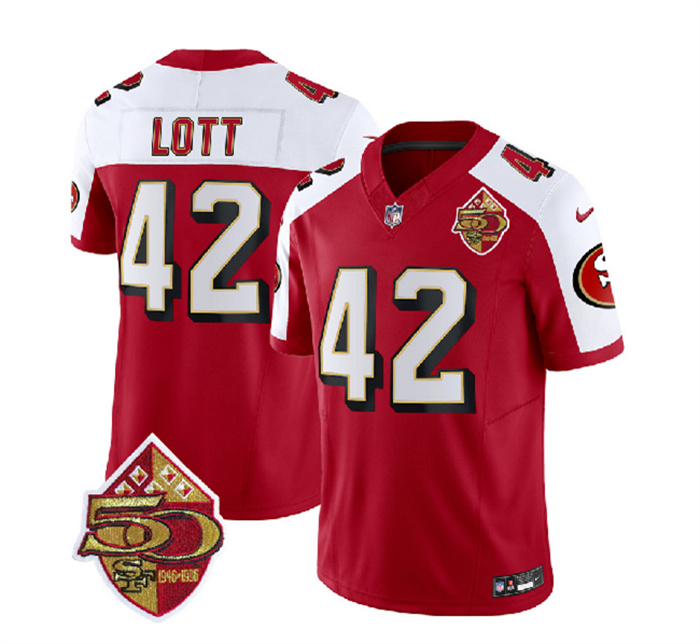 Men's San Francisco 49ers #42 Ronnie Lott Red White 2023 F.U.S.E. 50th Patch Throwback Stitched Football Jersey