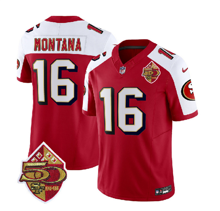 Men's San Francisco 49ers #16 Joe Montana Red White 2023 F.U.S.E. 50th Patch Throwback Stitched Football Jersey