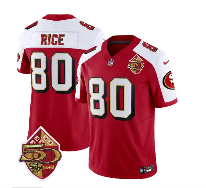 Men's San Francisco 49ers #80 Jerry Rice Red White 2023 F.U.S.E. 50th Patch Throwback Stitched Football Jersey