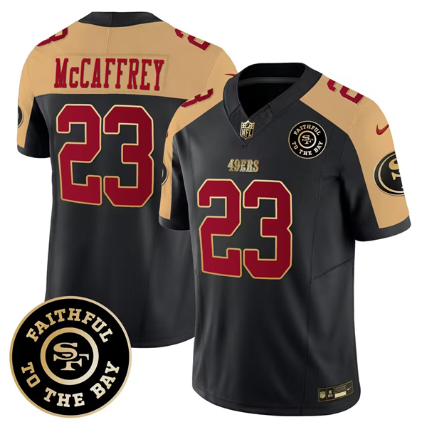 Men's San Francisco 49ers #23 Christian McCaffrey Black Gold 2023 F.U.S.E. Faithful To The Bay Patch Stitched Jersey