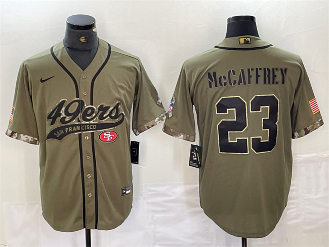 Men's San Francisco 49ers #23 Christian McCaffrey Olive Salute To Service With Patch Cool Base Stitched Baseball Jersey