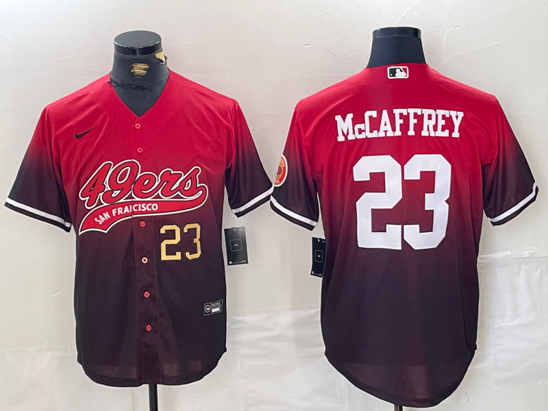 Men's San Francisco 49ers #23 Christian McCaffrey Red Black With Patch Cool Base Stitched Baseball Jersey 2