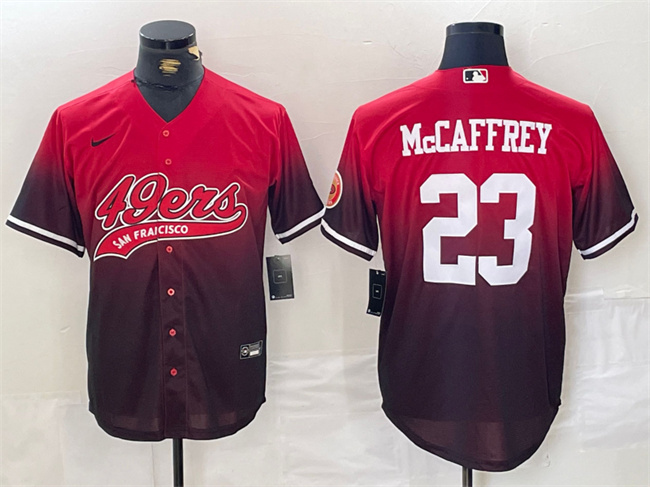 Men's San Francisco 49ers #23 Christian McCaffrey Red Black With Patch Cool Base Stitched Baseball Jersey