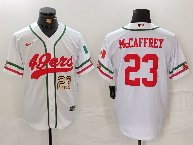 Men's San Francisco 49ers #23 Christian McCaffrey White With Patch Cool Base Stitched Baseball Jersey 2