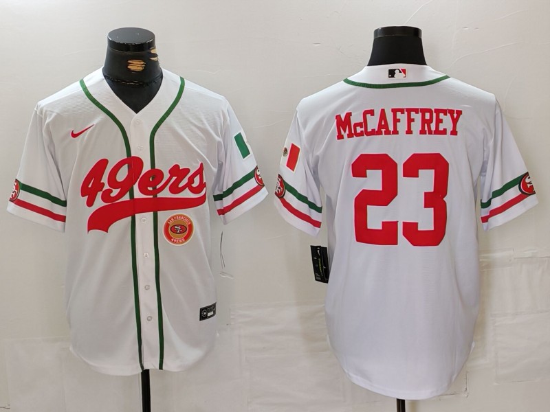 Men's San Francisco 49ers #23 Christian McCaffrey White With Patch Cool Base Stitched Baseball Jersey 1