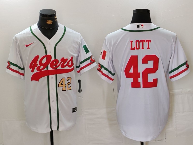 Men's San Francisco 49ers #42 Ronnie Lott White With Patch Cool Base Stitched Baseball Jersey 3