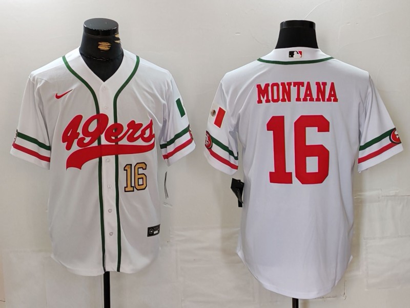 Men's San Francisco 49ers #16 Joe Montana White With Patch Cool Base Stitched Baseball Jersey 2