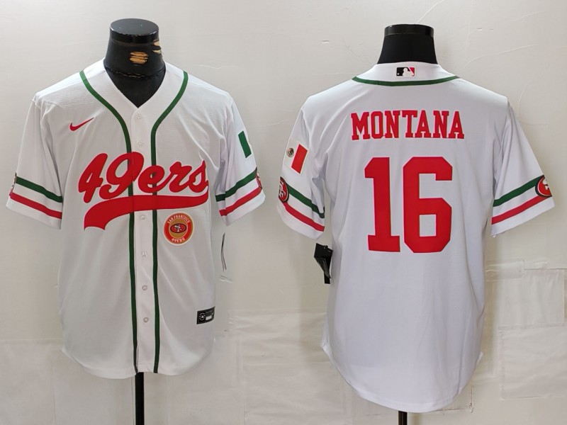 Men's San Francisco 49ers #16 Joe Montana White With Patch Cool Base Stitched Baseball Jersey 1