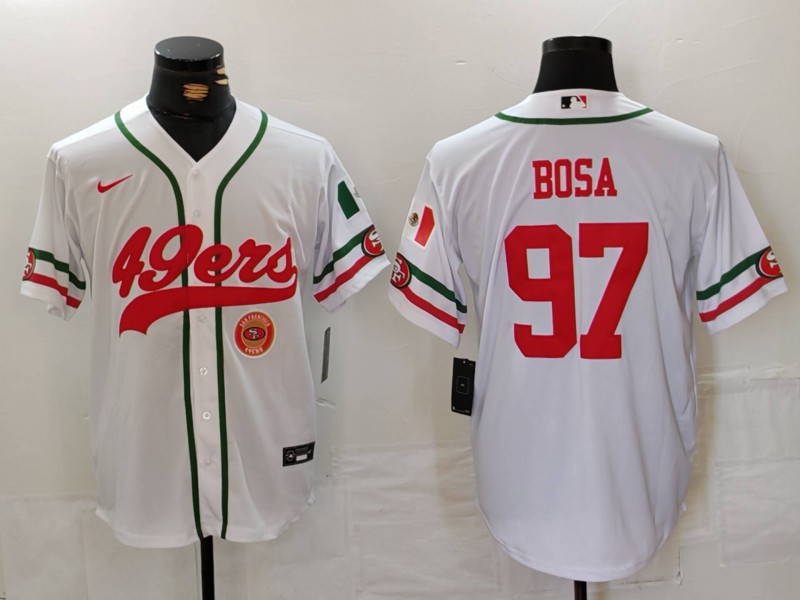 Men's San Francisco 49ers #97 Nick Bosa White With Patch Cool Base Stitched Baseball Jersey 2