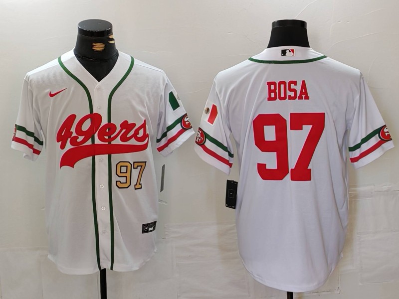 Men's San Francisco 49ers #97 Nick Bosa White With Patch Cool Base Stitched Baseball Jersey 1