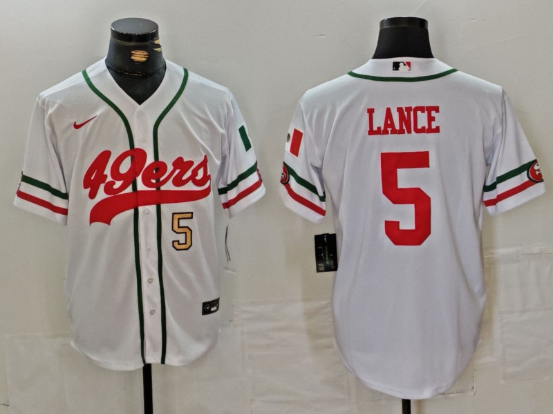 Men's San Francisco 49ers #5 Trey Lance White With Patch Cool Base Stitched Baseball Jersey 2