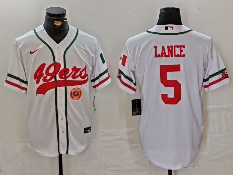 Men's San Francisco 49ers #5 Trey Lance White With Patch Cool Base Stitched Baseball Jersey 1