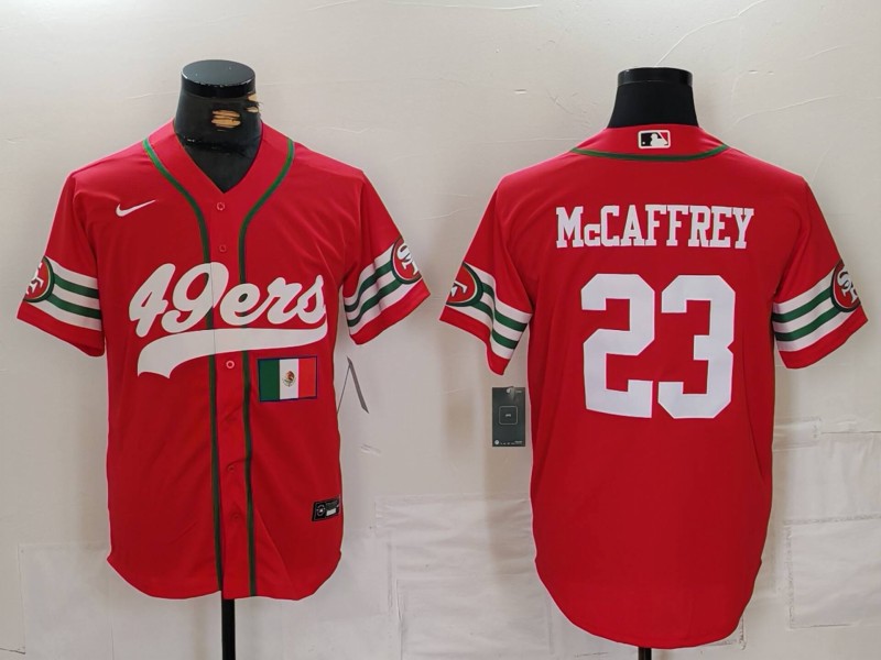 Men's San Francisco 49ers #23 Christian McCaffrey Red With Patch Cool Base Stitched Baseball Jersey 3