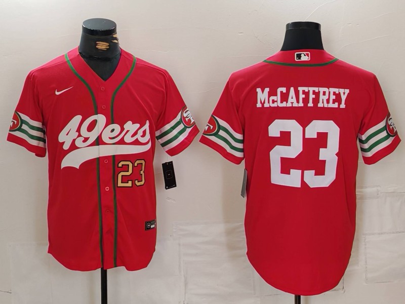 Men's San Francisco 49ers #23 Christian McCaffrey Red With Patch Cool Base Stitched Baseball Jersey 2