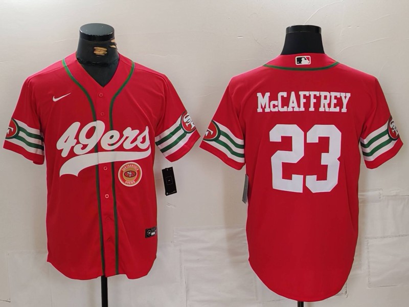 Men's San Francisco 49ers #23 Christian McCaffrey Red With Patch Cool Base Stitched Baseball Jersey 1