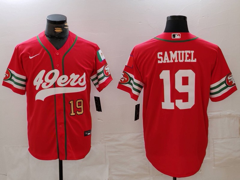 Men's San Francisco 49ers #19 Deebo Samuel Red With Patch Cool Base Stitched Baseball Jersey 2