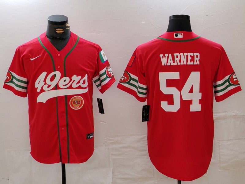 Men's San Francisco 49ers #54 Fred Warner Red With Patch Cool Base Stitched Baseball Jersey 3