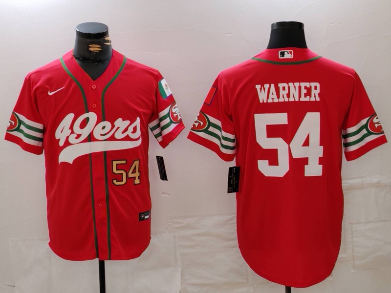 Men's San Francisco 49ers #54 Fred Warner Red With Patch Cool Base Stitched Baseball Jersey 2