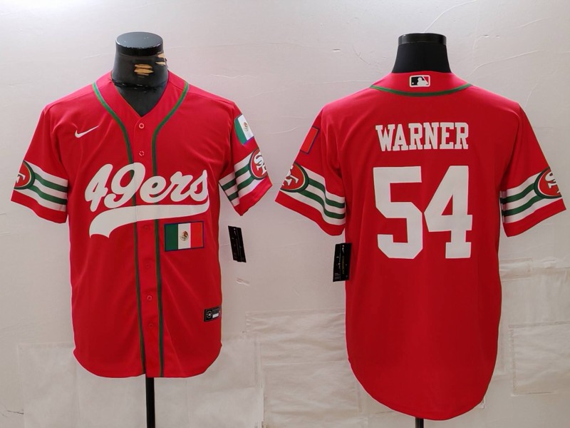 Men's San Francisco 49ers #54 Fred Warner Red With Patch Cool Base Stitched Baseball Jersey 1