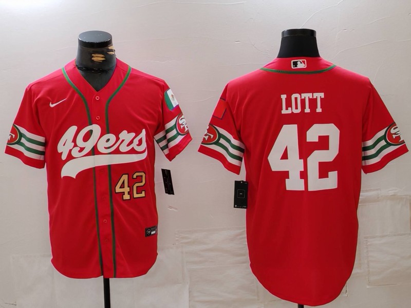 Men's San Francisco 49ers #42 Ronnie Lott Red With Patch Cool Base Stitched Baseball Jersey 3