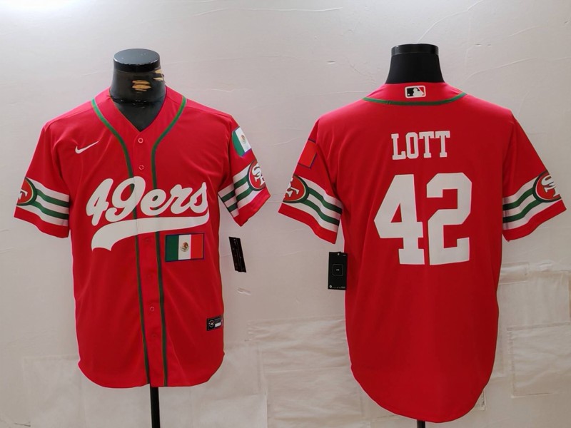 Men's San Francisco 49ers #42 Ronnie Lott Red With Patch Cool Base Stitched Baseball Jersey 2