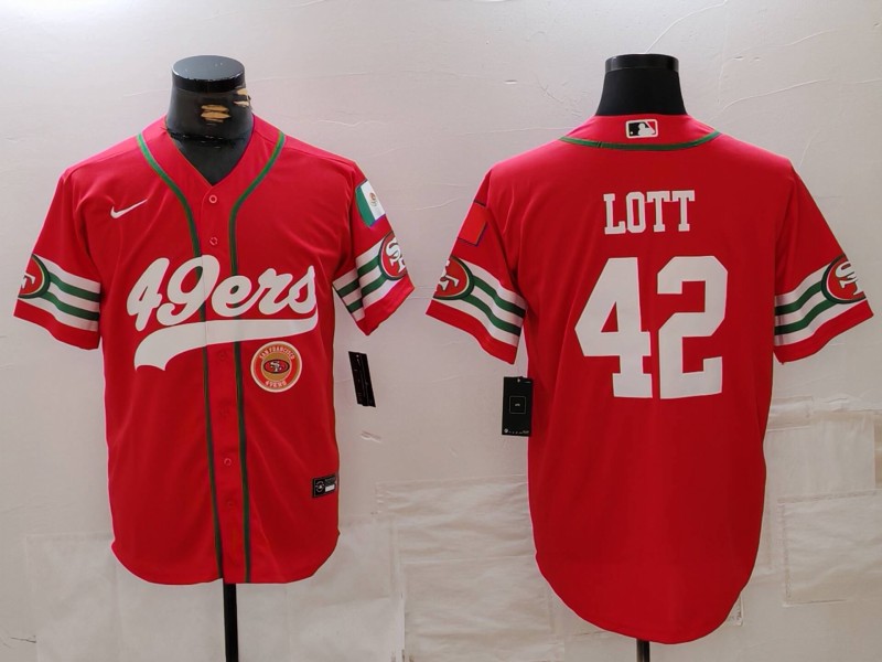 Men's San Francisco 49ers #42 Ronnie Lott Red With Patch Cool Base Stitched Baseball Jersey 1