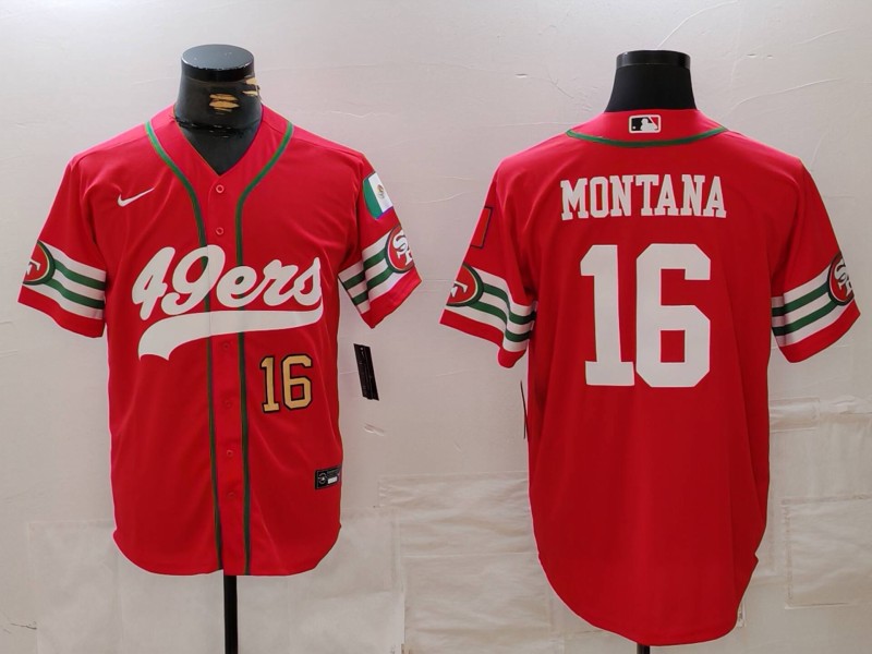 Men's San Francisco 49ers #16 Joe Montana Red With Patch Cool Base Stitched Baseball Jersey 3