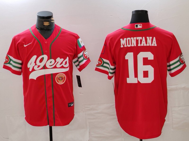 Men's San Francisco 49ers #16 Joe Montana Red With Patch Cool Base Stitched Baseball Jersey 2