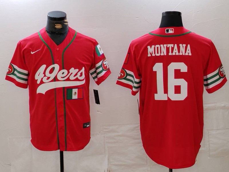 Men's San Francisco 49ers #16 Joe Montana Red With Patch Cool Base Stitched Baseball Jersey 1