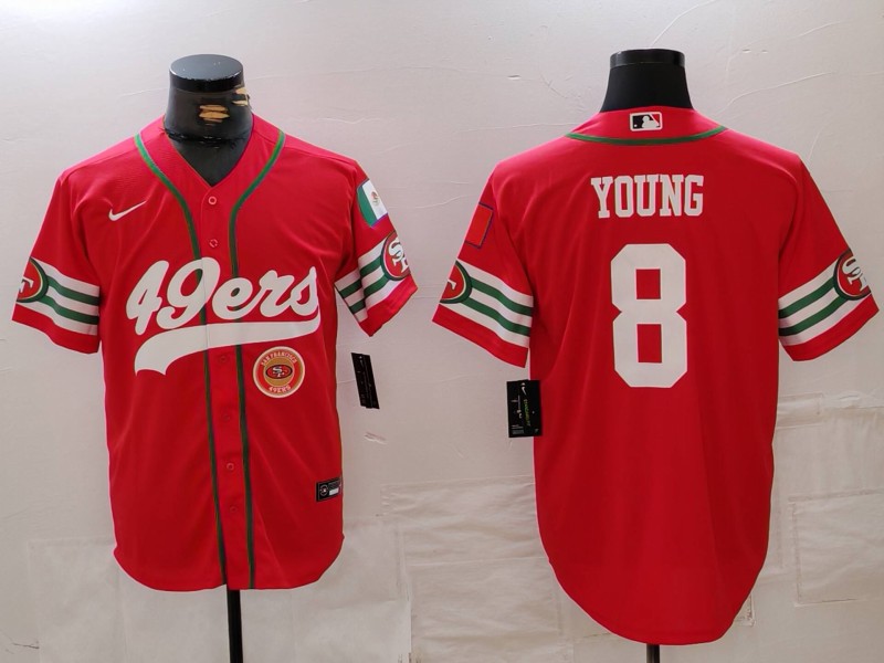 Men's San Francisco 49ers #8 Steve Young Red With Patch Cool Base Stitched Baseball Jersey 1