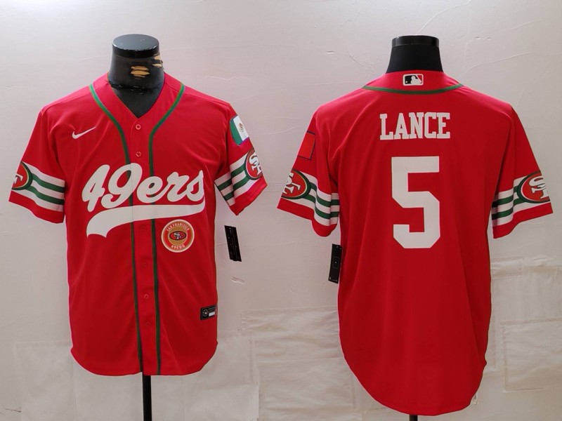 Men's San Francisco 49ers #5 Trey Lance Red With Patch Cool Base Stitched Baseball Jersey 3