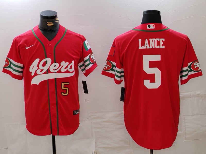 Men's San Francisco 49ers #5 Trey Lance Red With Patch Cool Base Stitched Baseball Jersey 2