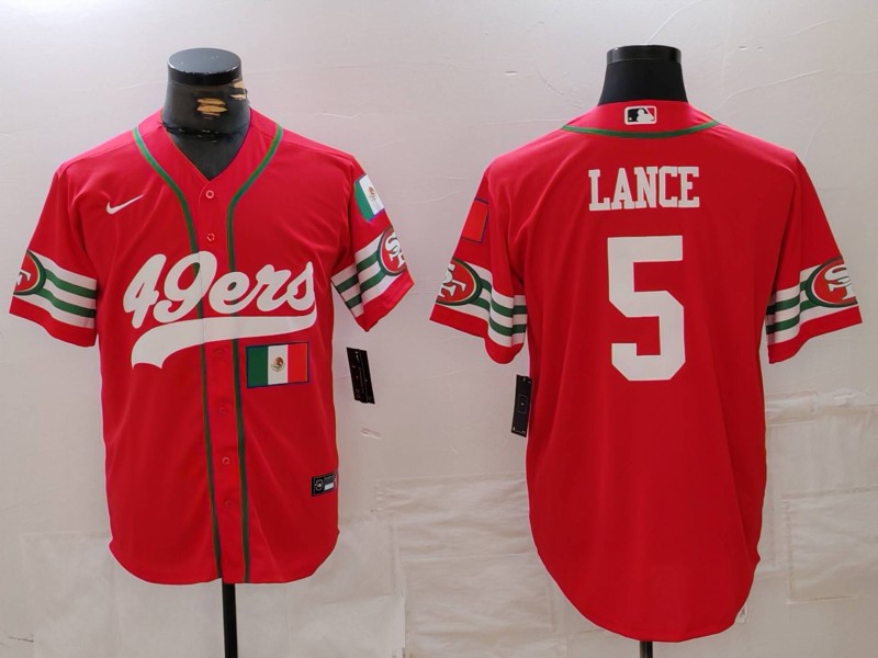 Men's San Francisco 49ers #5 Trey Lance Red With Patch Cool Base Stitched Baseball Jersey 1