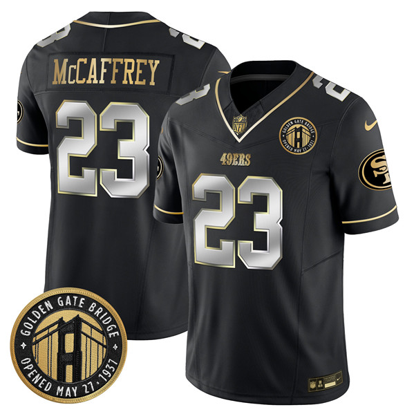 Men's San Francisco 49ers #23 Christian McCaffrey Black F.U.S.E. Golden Gate Bridge Patch Vapor Limited Stitched Football Jersey