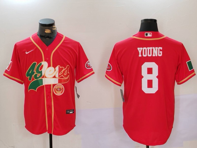 Men's San Francisco 49ers #8 Steve Young Red With Patch Cool Base Stitched Baseball Jersey 1